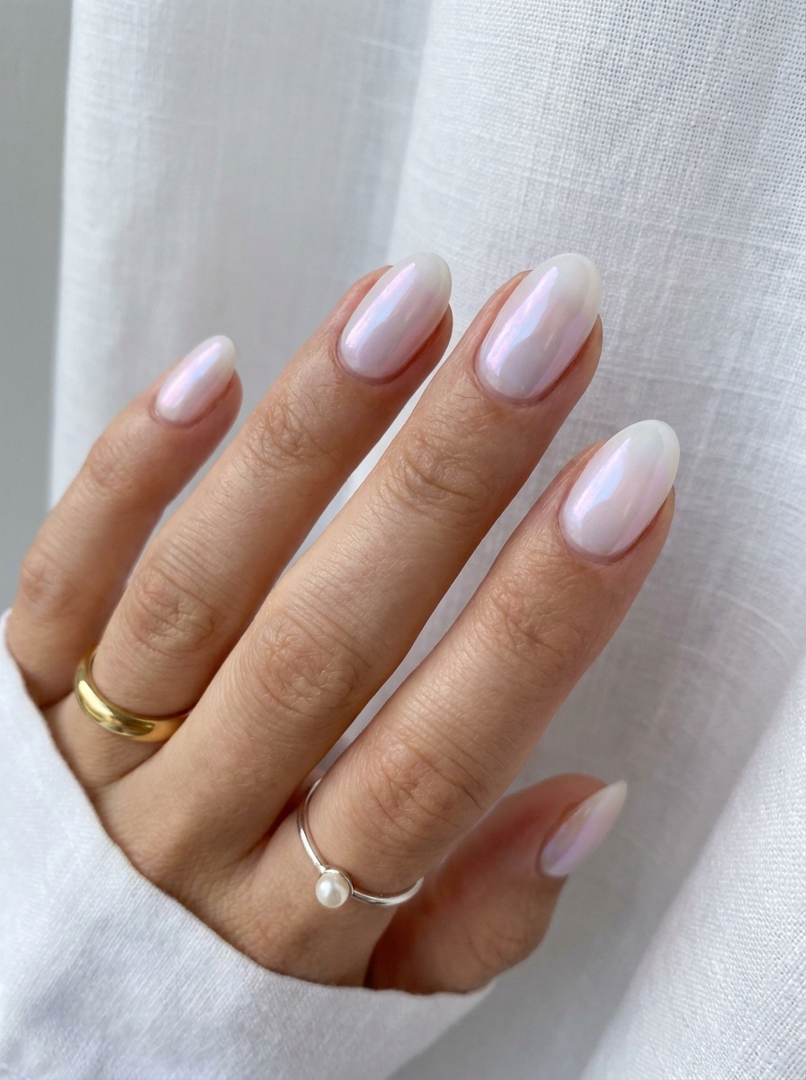Weiße Opal Nägel mit heller milchiger Basis und luxuriösem Schimmer